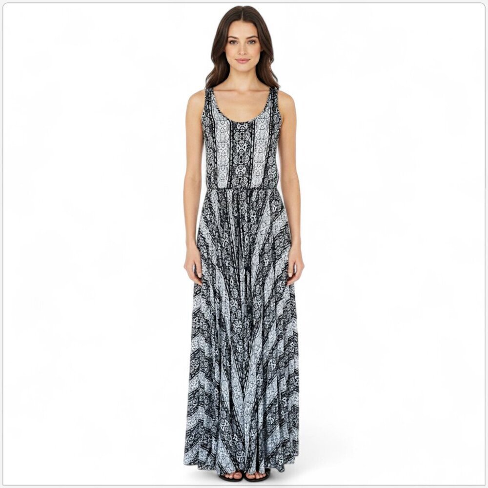 CACHE Long Black White Print Pleated Blouson Belted Boho Maxi Dress NWOT New 8